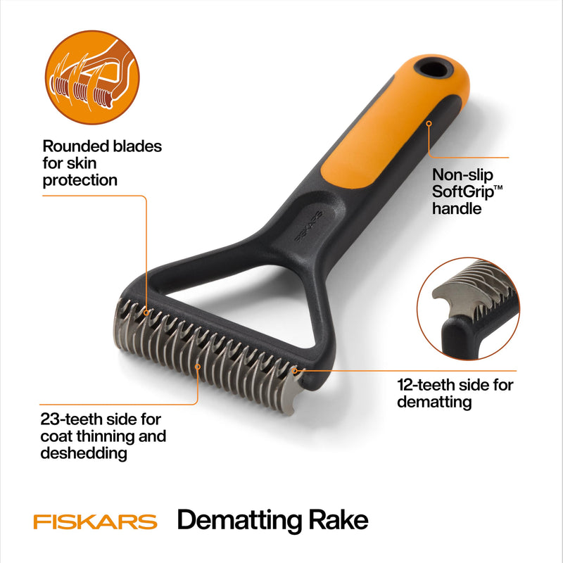 Fiskars Pet, Cat and Dog Brush, Fine Bristles & SoftGrip Handle for Gentle Grooming and Deshedding, Cat and Dog Supplies, Orange/Black Dematting Rake