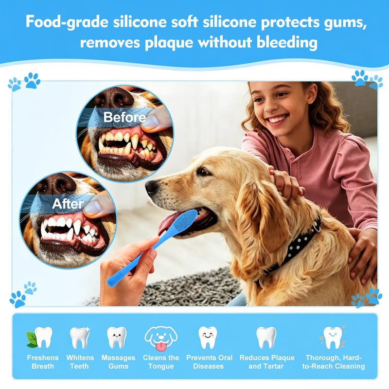 Dog Toothbrush，2-piece Dog Tooth Brushing kit，cat Toothbrush,Food-Grade Silicone Dog Tooth Brush for Cleaning Teeth Suitable for Small，Medium and Large Pets (Blue)