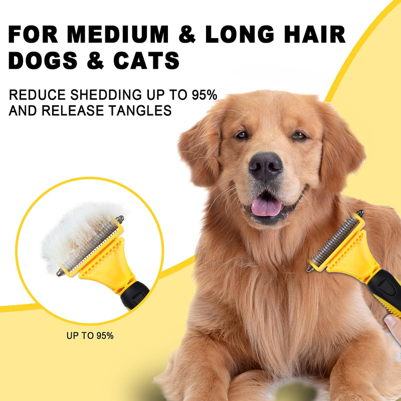 Pet Grooming Brush, Double Sided Undercoat Rake for Dogs & Cats, Professional Deshedding Brush and Dematting Tool, Safe and Effective Removing Knots, Mats, Tangles,and Flying Hair Yellow - PawsPlanet Australia