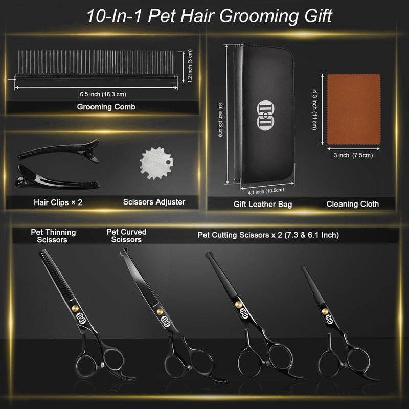 CIICII Dog Grooming Scissors Kit, 10-In-1 Professional Pet Grooming Scissors Set with Safety Round Tip (Dogs/Cat Hair Cutting Trimming Thinning Shears with Curved Scissors) for DIY Home Salon (Black) Black Dog Grooming Scissors