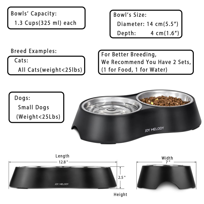 Joy Melody Non Slip Food and Water Bowl Set with Stand for Cat, Samll Dog, Rabbit, Stainless Steel Elevated Kitten Feeder, Anti Vomiting Dish for Puppy, Bunny, Dishwasher Safe, Whisker Fatigue Black - PawsPlanet Australia