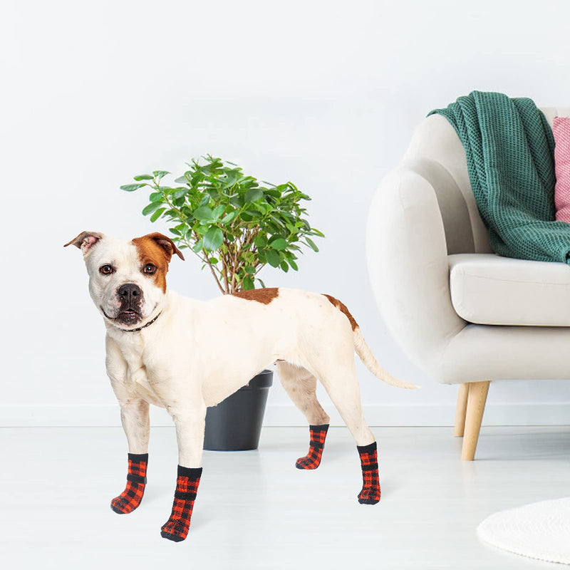 BINGPET Warm Non-Slip Dog Socks for Winter Cold Weather, Classic Plaid Soft Pet Paw Protector with Adjustable Straps and Double-Sided Anti-Slip Paw Patterns, Better Control on Wooden Floor Red Small - PawsPlanet Australia
