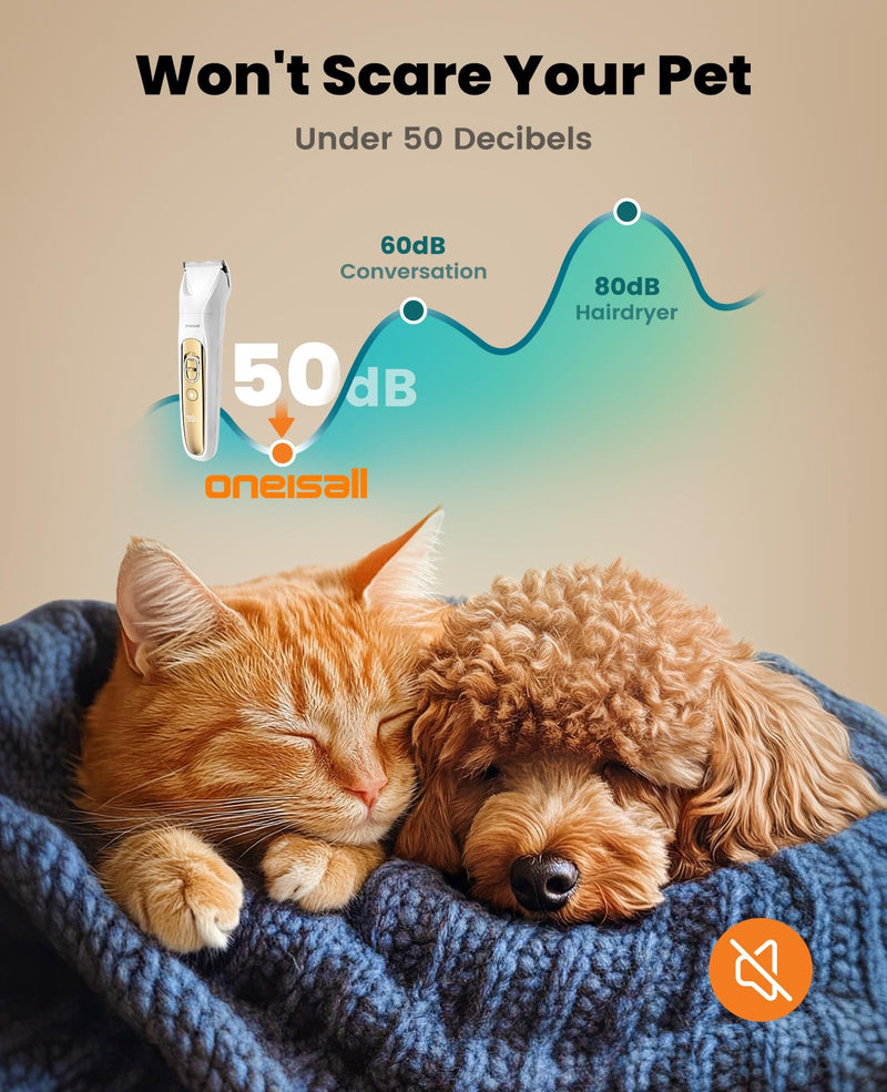 oneisall Quiet Dog Grooming Kit 4 in 1, LED Light Dog Nail Grinder, 2000mAh Pet Grooming Clippers Paw Trimmer for Paw, Nail, Face, Ears, Legs, Body with Storage Bag Gold
