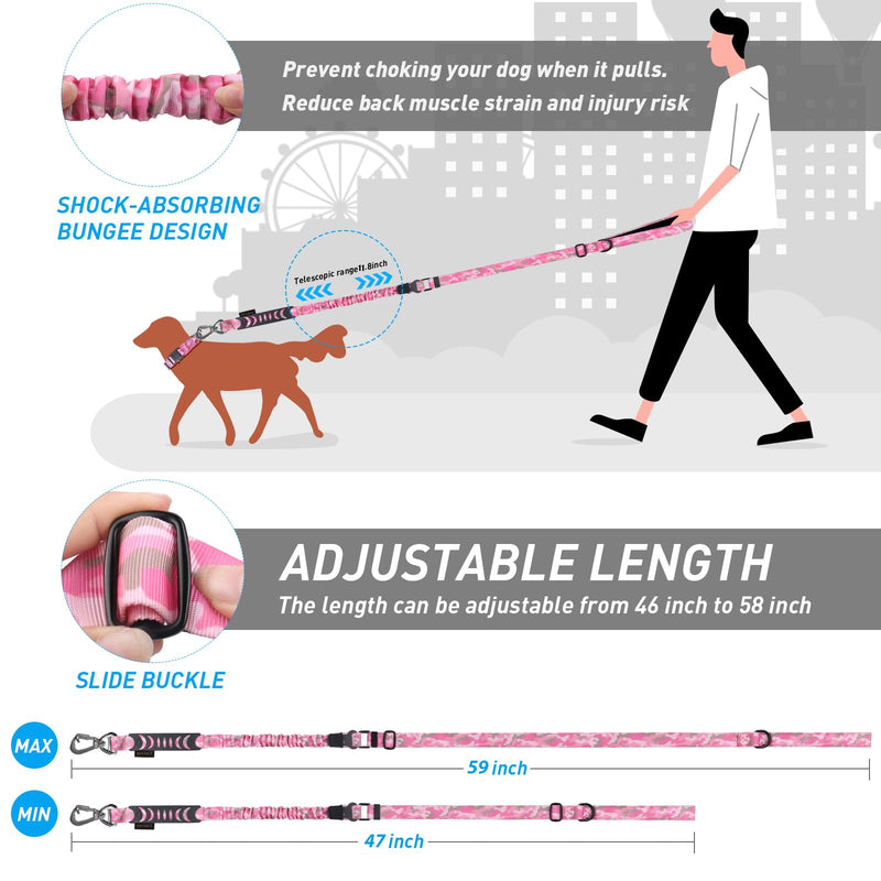 Hotsky Tactical Dog Leash Heavy Duty for Medium Large Dogs That Pull,4-6Ft Strong Bungee Shock Absorbing No Pull Dog Leash with Padded Double Handle and Car Seatbelt,Pink Camo Medium / Large Pink Camo - PawsPlanet Australia