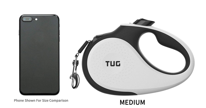 TUG 360° Tangle-Free Retractable Dog Leash | 16 ft Strong Nylon Tape | One-Handed Brake, Pause, Lock (Medium, White) Medium