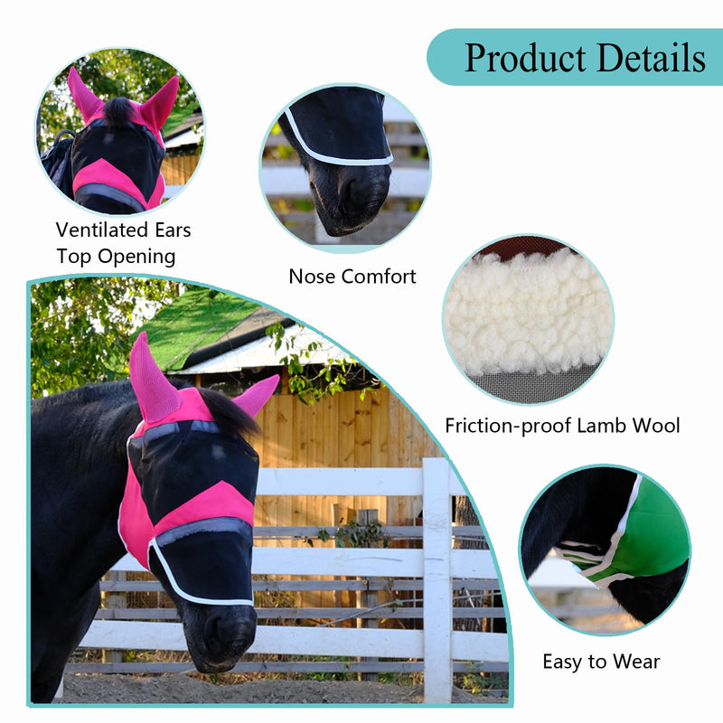 Fly Masks for Horses with Ears and Nose Cover Horse Fly mask with Ears for UV Protection & Sun Shield – Soft Lightweight- Breathable Horse mask with Forelock Hole (Rose red, M)