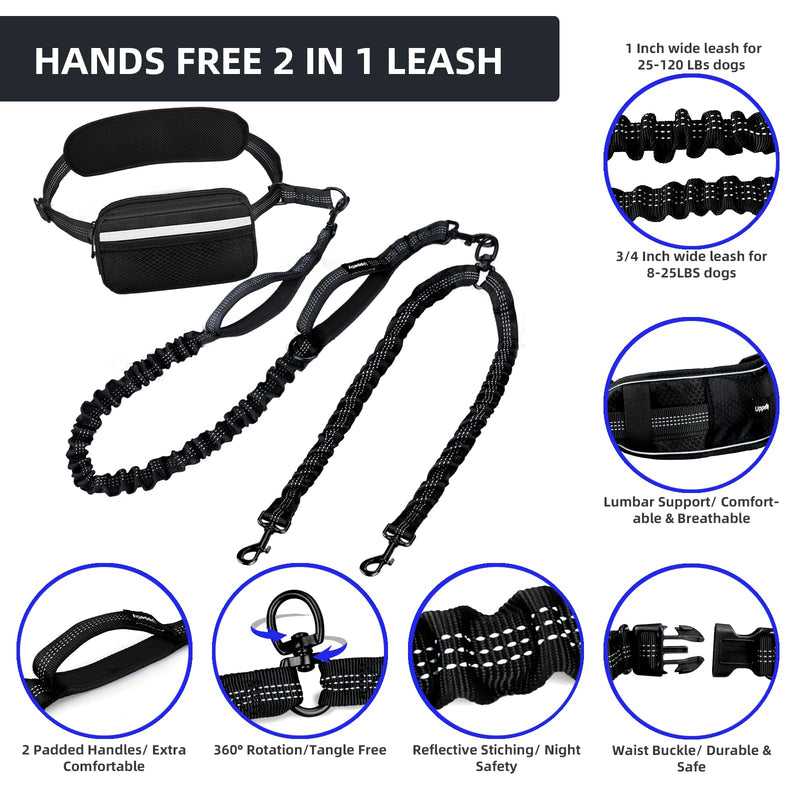 Hands Free Double Dog Leash with Pouch, Dual Leash for 2 Dogs with Reflective Padded Handles, Durable Bungee and Lumbar Waist Belt for Walking, Jogging and Running (Medium/Large, 25-120 lbs) Medium/Large - PawsPlanet Australia