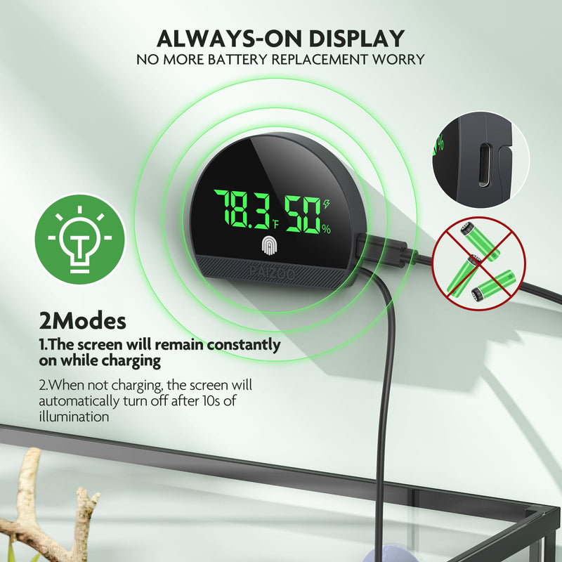 PAIZOO Reptile Thermometer Hygrometer, LED Reptile Tank Thermometer and Humidity Gauge, Rechargeable Digital Hygrometer for Reptile Tank Accessories, Switch Between ℉/℃, Always-on Display Mode - PawsPlanet Australia