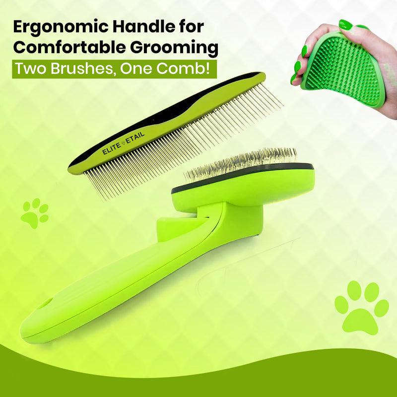 ELITE ETAIL Self Cleaning Pet Hair Brush with Additional Comb and Bath Brush - Skin Friendly Pet Grooming Kit for Dogs and Cats, Detangling, Deshedding, and Bathing Tools for All Fur Types. 7 in long - PawsPlanet Australia