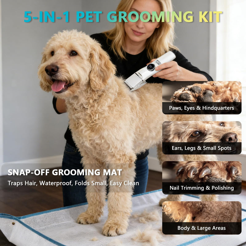5-in-1 Dog Grooming Kit, Dog Paw Trimmer with LED Display & Light 11-Speed Rotary Knob, Low Noise Wireless Pet Clippers, Includes Easy-Clean Silicone Pad for Trimming Paw Eye Ear Facial Hair Pet Clipper - With Cleaning Pad