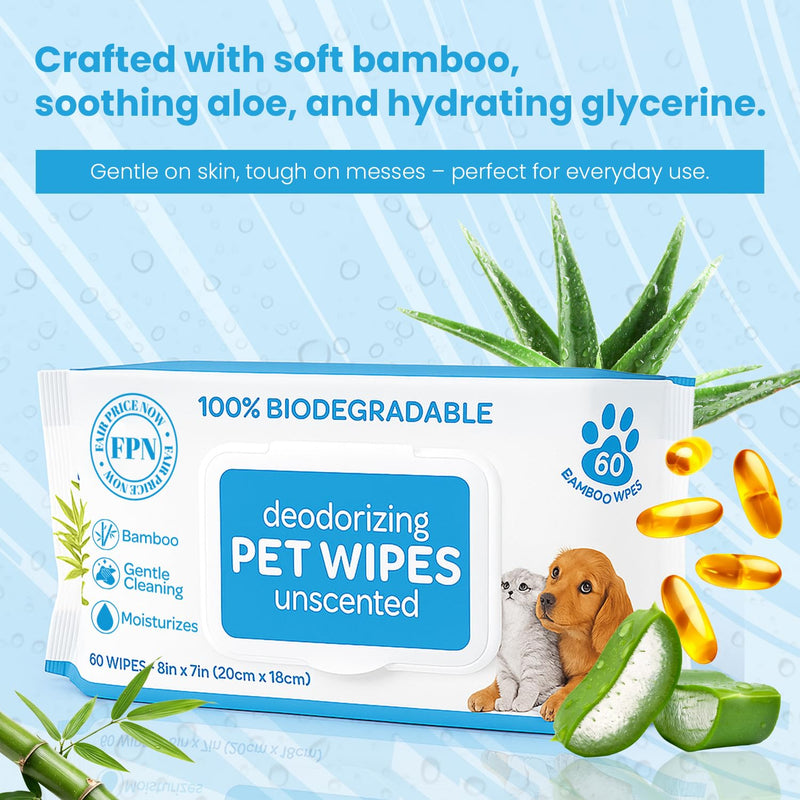 FPN Pet Cleaning Wipes – Unscented Bamboo Grooming Wipes for Dogs & Cats – No Alcohol or No Harsh Chemicals – Soft – 7x8 in (4 CT) 4 CT - PawsPlanet Australia