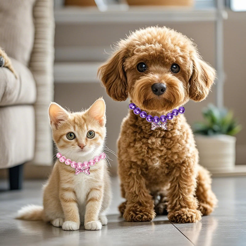 3 Pcs Small Dog Collars Female Jewelry Cute Ribbon Bow Pet Cat Pearl Necklace Collar with Bling Rhinestones Bone for Dogs Puppy Kitten Wedding Birthday Party White,Pink and Purple - PawsPlanet Australia
