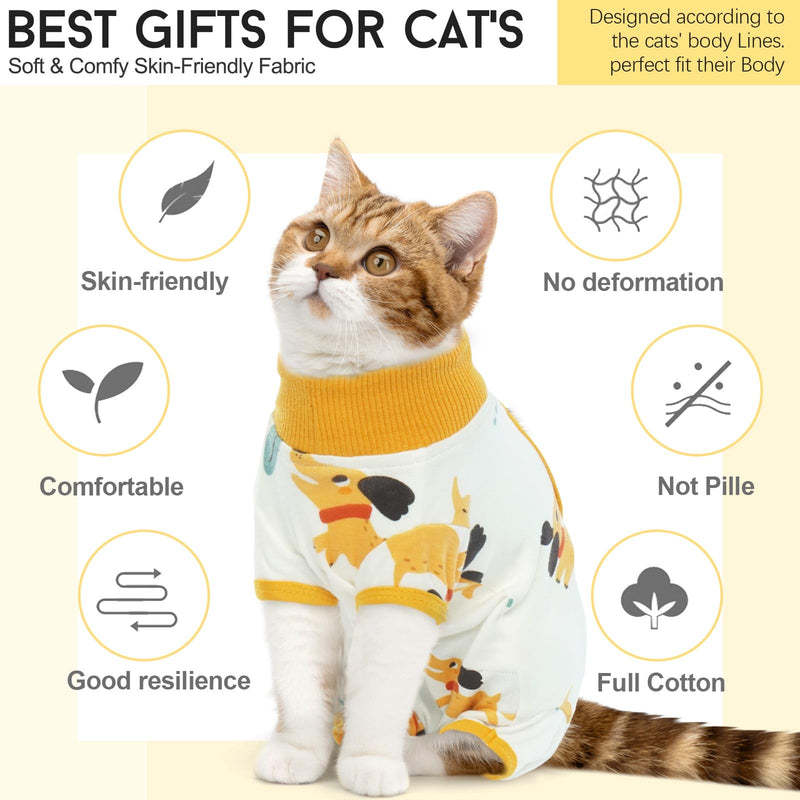 DENTRUN Cat Surgery Recovery Suit Female Male Soft Onesie, Kitten Surgical Collar Cone Alternative Shirt, Abdominal Wounds Anti-Licking Pajama for Small Pets Spay, Cat Body Suit Post Surgery S Yellow Puppy