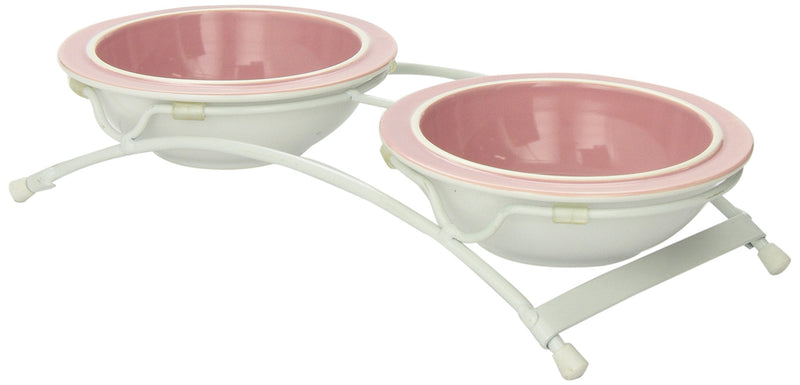 PetRageous 44355 Toftees Paws Diner with Two 1-Cup Dishwasher Safe Stoneware Bowl Capacity 10.75-Inch Length 2.25-Inch Tall for Extra Small and Small Dogs and Cats, White Diner with Pink Bowls