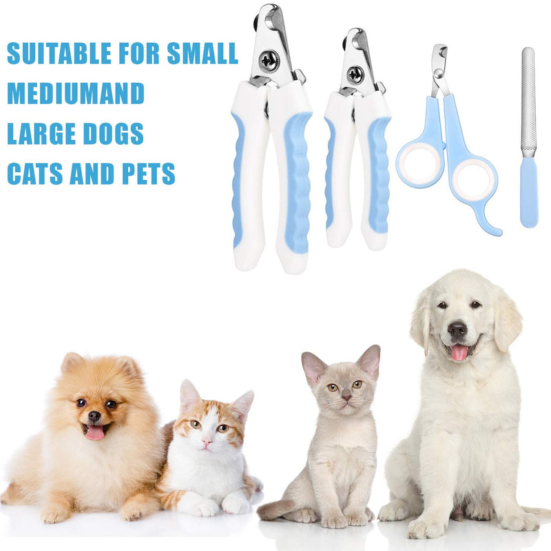 Mudder 4 Pieces Dog Nail Clippers Kit Dog Cat Pets Nail Clippers and Trimmers with Safety Guard to Avoid Over Cutting for Large Small Animals Pet Grooming (Blue and White)