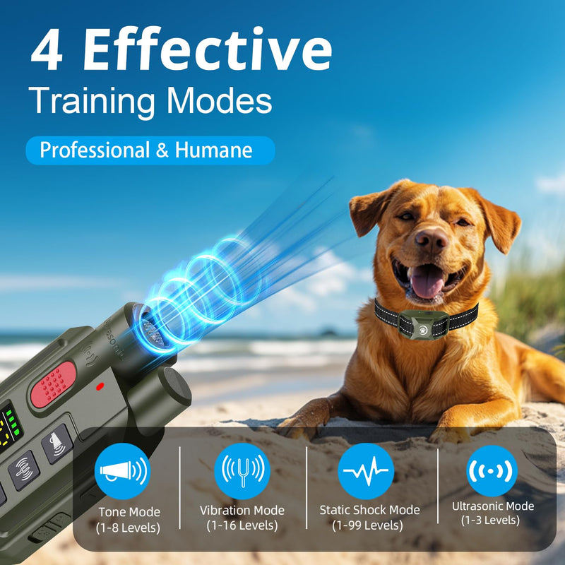 Dog Shock Collar with Remote – 3300ft Range, Waterproof & Rechargeable, Adjustable Beep, Shock, Vibration & Ultrasonic Modes, Dog Training Collar for Obedience & Behavior Control Army Green - PawsPlanet Australia