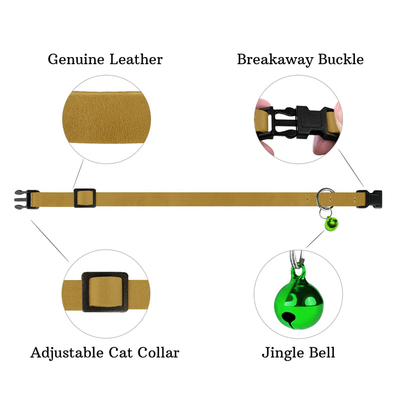 Breakaway Cat Collar Leather with Removable Bell - 13 Colors Available - Soft Adjustable Girl Boy Safety Lightweight Pet Kitten Collars Pink Brown Blue Green Red Orange Black (Mustard) Mustard - PawsPlanet Australia
