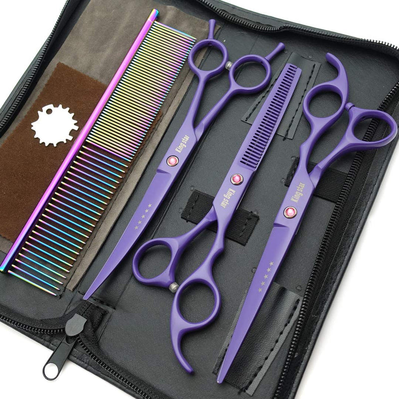 7.0in. Matt Purple Professional Pet Grooming Scissors Set,Straight & Thinning & Curved Scissors Set with Comb,case,A429 7 inches 7 Inches Purple Set