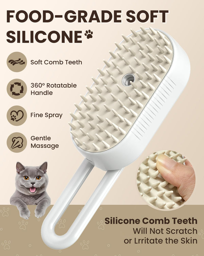 Cat Steam Brush for Shedding, Pet Steam Brush for Cats and Dog, 4 in 1 Rechargeable Cat Hair Brush, Spray Anti-Static, Massage, Cleaning, Shedding & Combing All In One, for Long & Short Haired Pets! White