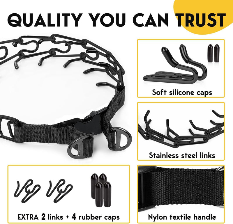 PetJett Prong Collar for Dogs - Adjustable Dog Training Collar Choke Collar for Dogs Pinch Collar for Dog, Quick Release Walking Tool for Small Medium Large Breed - Stainless Steel Metal Choker Chain Full Black Small: 14 - 16" / 35 lbs