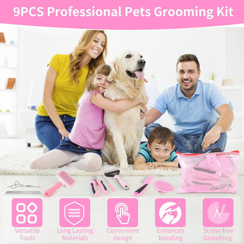 9 Pcs Pet Grooming Brush Set for Shedding, Professional Cats Dogs Long Hair Brush Nail Clipper And File Grooming Kit Self Cleanup Deshedding Multifunctional for Dogs Cats (Pink) Pink - PawsPlanet Australia