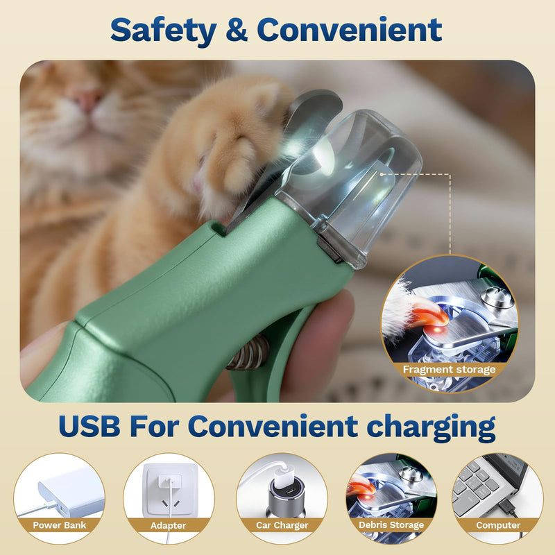 2-in-1 Dog & Cat Nail Clipper with Grinder - Dual Highlight LED Reduce Over-Trimming, Long Battery Cordless USB-C Rechargeable, Safety Lock & Catcher Cap, Quiet Home Grooming for Small Large Pets Green - PawsPlanet Australia