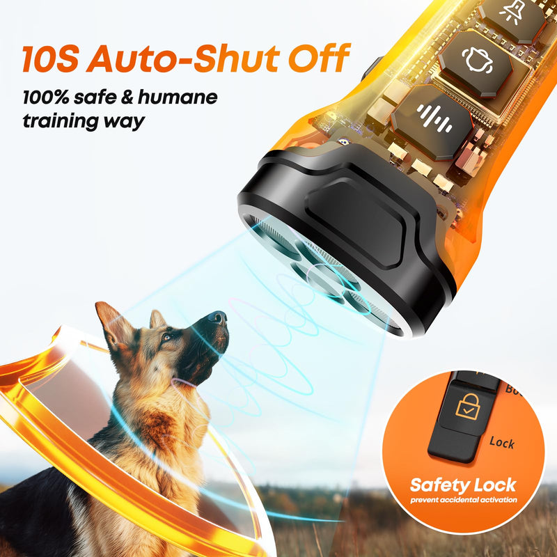 Dog Bark Deterrent Device, 3X Sonic Emitters, Dual-Frequency Bark Control, Flashlight & Sound Modes, Humane No-Bark Trainer, Safety Lock, USB-C Rechargeable (Orange) Black