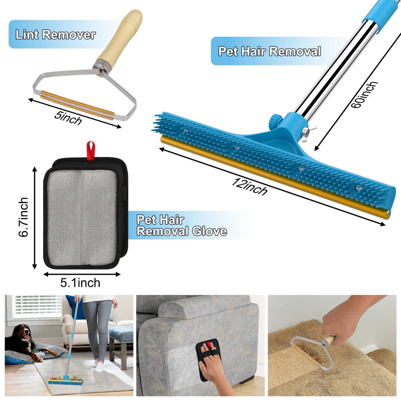 3 in 1 Carpet Rake for Pet Hair Removal, Reusable Pet Hair Remover Broom, 60'' Adjustable Long Handle Dog and Cat Hair Remover Tool Set of 3, Lint Remover Scraper for Carpets, Rugs, Mats, Couch, Car 60inch Blue - PawsPlanet Australia
