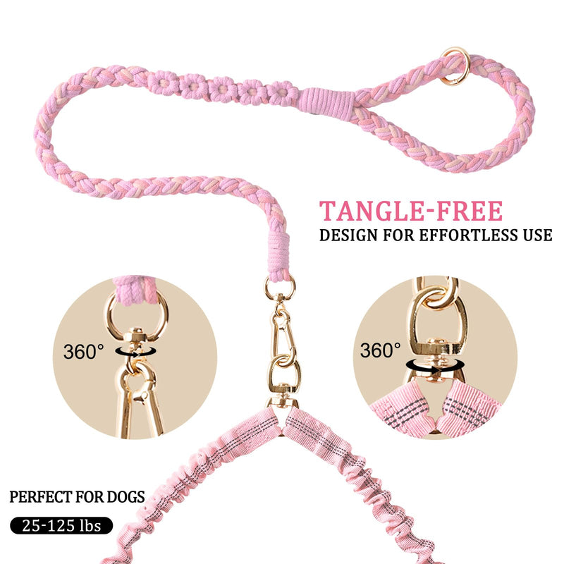 Double Dog Leash – Tangle-Free Dual Leash with 360° Swivel, Shock Absorbing Bungee, Reflective Stitching & Hand-Braided Main Rope (Supports Up to 440 lbs, Pink) - PawsPlanet Australia