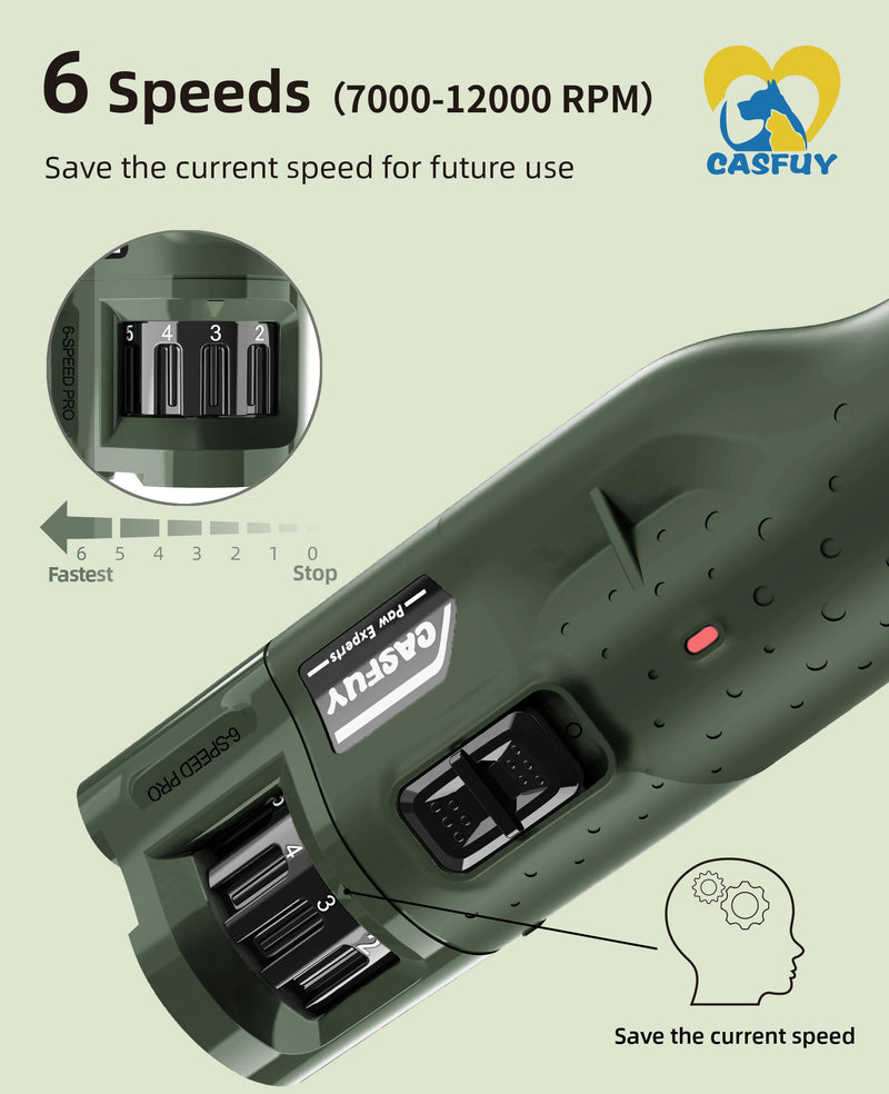 Casfuy Dog Nail Grinder Quiet - (45db) 6-Speed Pet Nail Grinder with 2 LED Lights for Large Medium Small Dogs/Cats, Professional 3 Ports Rechargeable Electric Dog Nail Trimmer with Dust Cap Armygreen