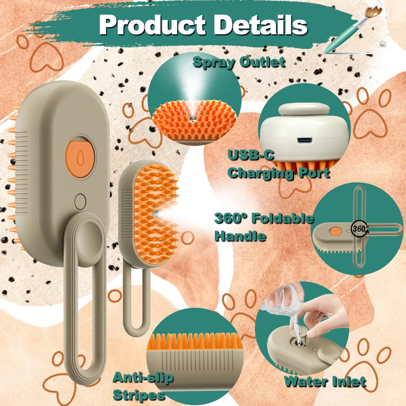 Steam Cat Cordless 3-in-1 Silicone Massaging Grooming Brush With Built-in Lithium Battery, Removes Static and Flying Pet Hair for Cats and Dogs (Beige) Beige - PawsPlanet Australia