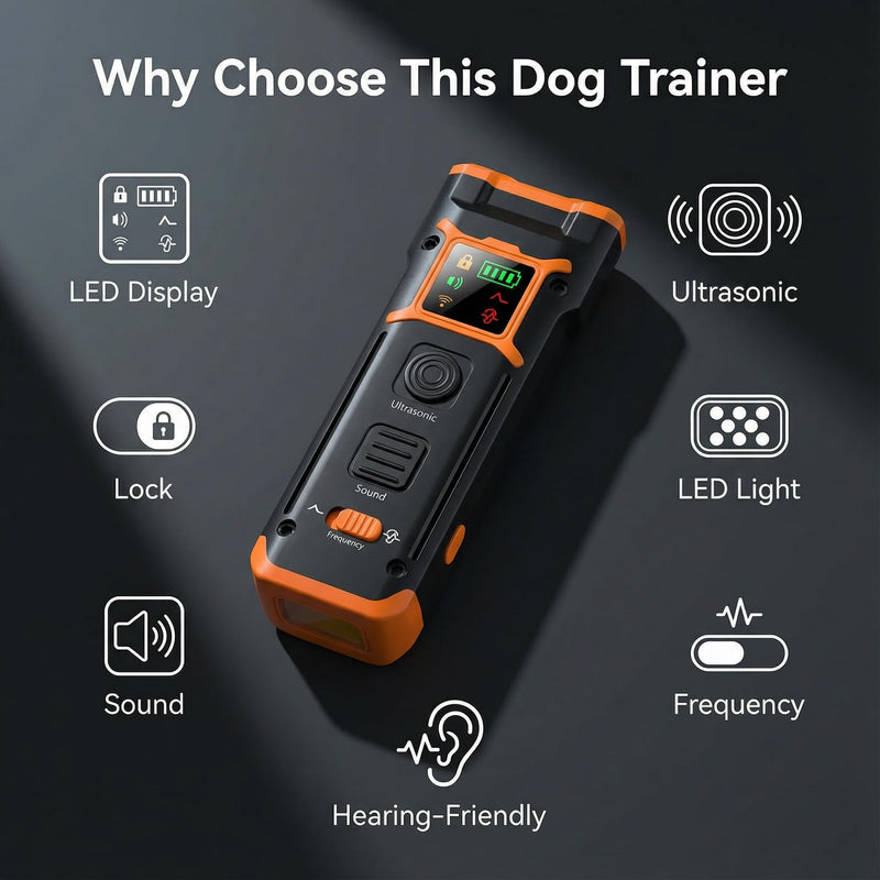 Dog Bark Deterrent Devices with LED Display, Ultrasonic & Beep Modes, 10s HearingSafe AutoOff, 25–30kHz Training & DriveAway, LED Light, Safe No Barking Device for Dogs, Stop Dog Barking Device