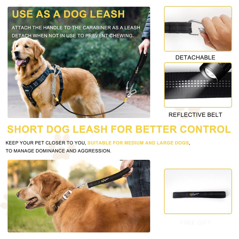 Dog Seat Belt Harness for Car, 5-in-1 Coated Wire Dog Seatbelt, HYLIYAKI Shock Spring-Loaded No Chew Pet Dog Car Seatbelt Leash, with Removable Reflective Short Leash(Black, 24 inch/60 CM) 1 Pack Black+Yellow - PawsPlanet Australia
