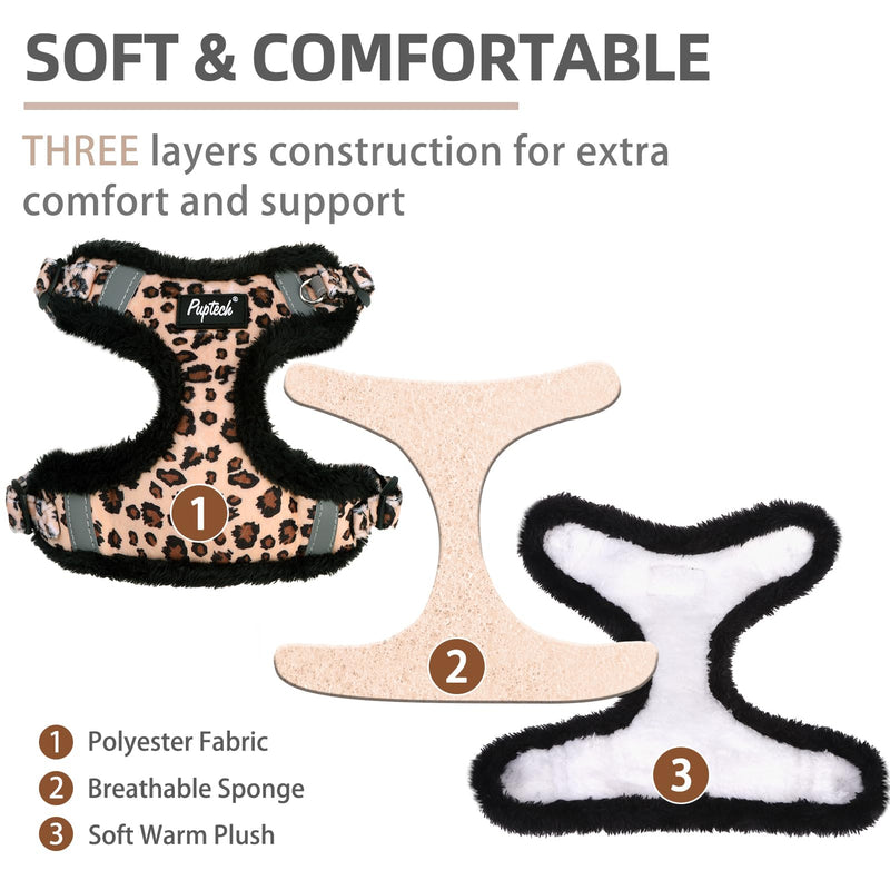 PUPTECK Dog Harness and Leash Set Small Sized, Step in No Pull Adjustable Puppy Cat Harness Reflective Pet Vest S (13-17lbs, Chest 15"-18") #3 Brown(Plush Leopard Print) - PawsPlanet Australia