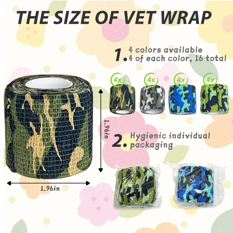 kathson 16PCS Vet Wrap Tape Veterinarian Self Adhesive No Chew Bandage Wound Dressing Medical Bandage Gauze for Animals Pets Dogs Cats Horses Ear Feet Paw Tail Injury(Black，Brown，Green，Jungle Color 4xblack，4xbrown，4xgreen，4xjungle Color - PawsPlanet Australia