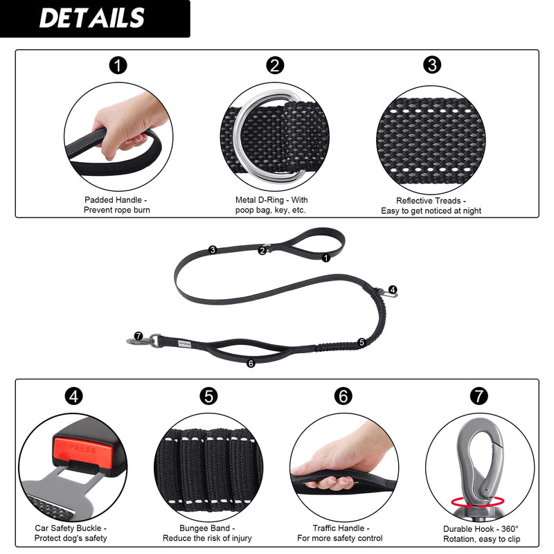 Double Handle Dog Leash - Heavy Duty, 4-6FT Reflective Tactical Leash with 2 Padded Handles, Shock Absorbing Bungee, Car Seatbelt & Easy Snap Hook, for Large, Medium & Small Dogs 4FT/0.8"-Small & Medium Dogs Black - PawsPlanet Australia