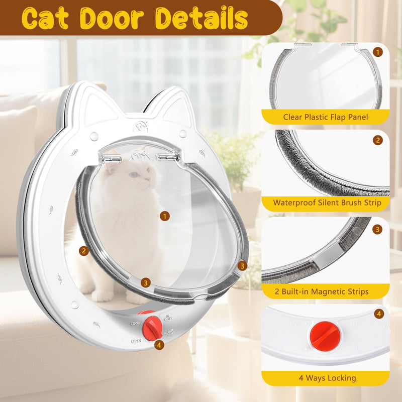 Cat Door with 4 Way Lock, Cats Doors for Interior Exterior Gate, Weatherproof Magnetic Pet Door for Cats and Small Dogs, Cat Flap Doors, Easy to Install, 7.5" x 7.5" Inner Frame (White) - PawsPlanet Australia