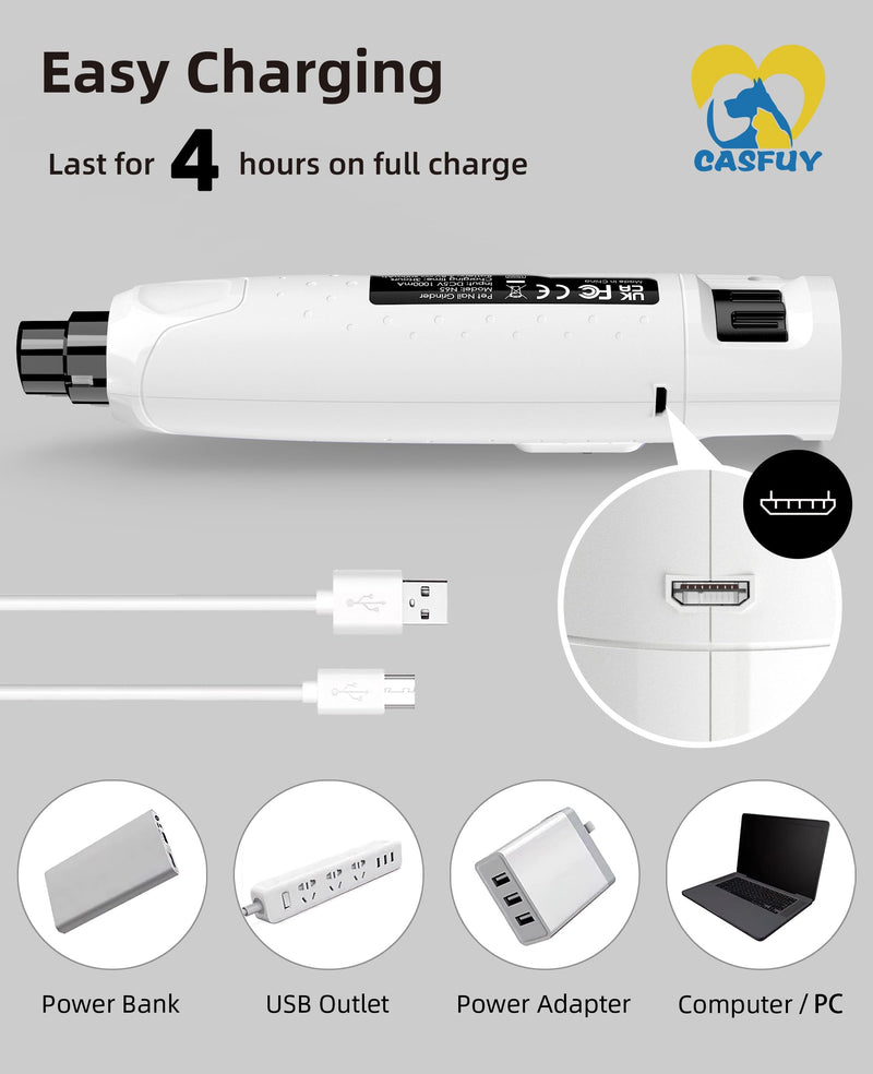 Casfuy Dog Nail Grinder Quiet - (45db) 6-Speed Pet Nail Grinder with 2 LED Lights for Large Medium Small Puppy Dogs/Cats, Professional 3 Ports Rechargeable Electric Dog Nail Trimmer with Dust Cap White - PawsPlanet Australia