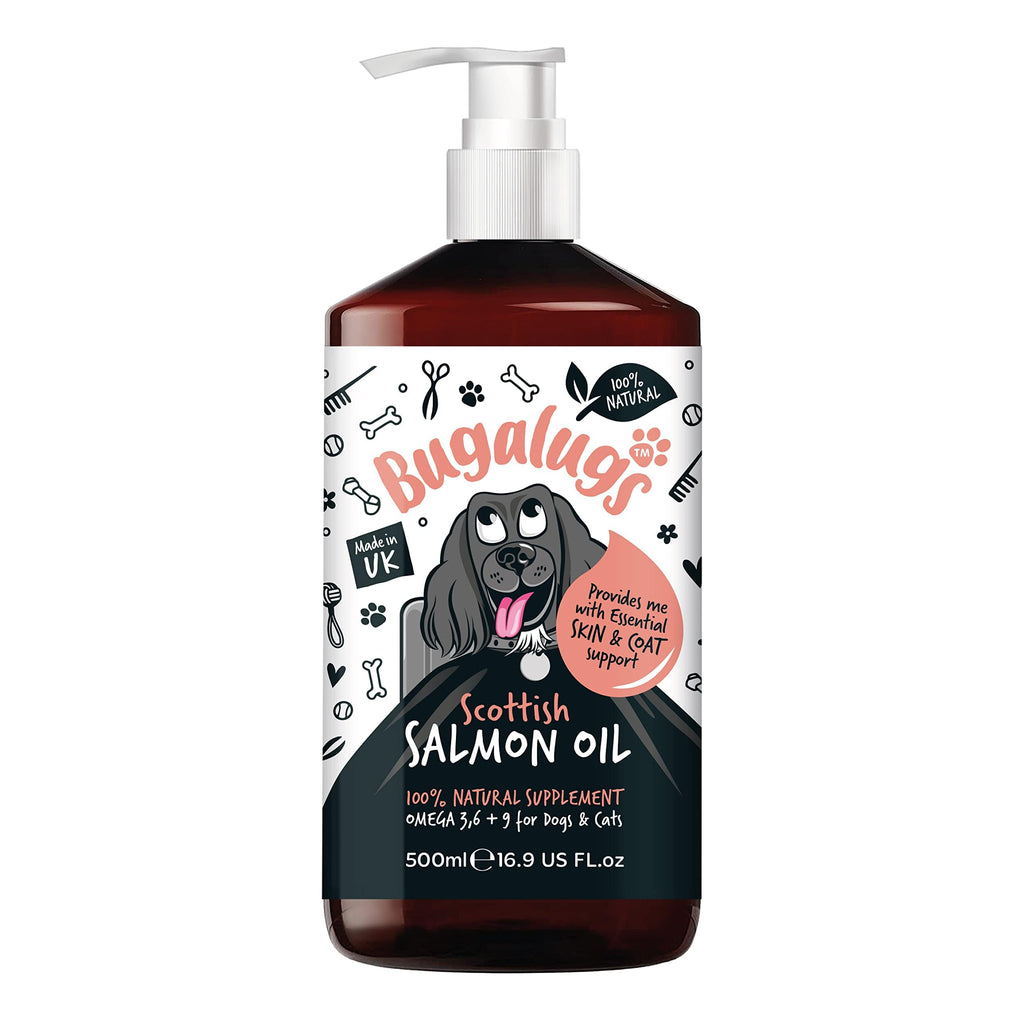 Bugalugs Scottish Salmon Oil For Dogs & Cats, Supplement Supports Dog Skin And Coat, Itchy Skin & A Moulting Dog, Omega 3 Fish Oil Perfect For Grooming & Dog Food (500ml) 500ml
