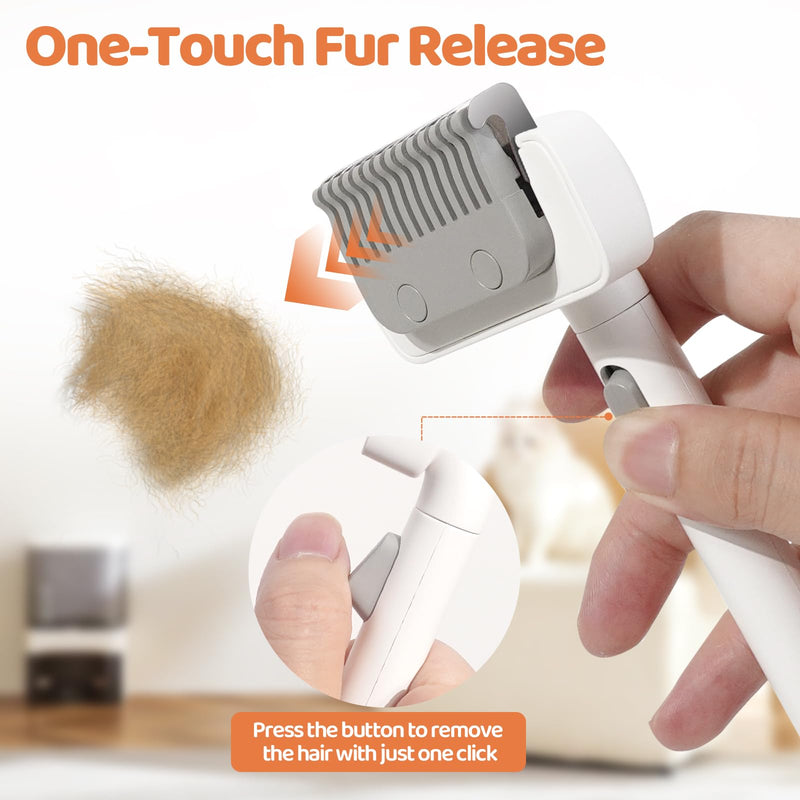 Furgo Cat Brush for Long Haired Cats, Pet Grooming Brush for Matted Fur & Loose Hair, One-Click Hair Removal, Skin-Friendly, Deshedding & Dematting Comb for Cats & Small Dogs White - No Spray Comb