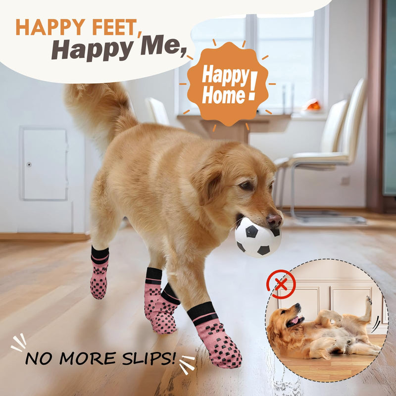 Anti Slip Dog Socks to Prevent Licking Paws, Dog Shoes for Hot/Cold Pavement, Dog Boots on Hardwood Floors, Traction Control Dog Booties & Paw Protectors for Small Medium Large Senior Dogs Pink L(Pack of 4) - PawsPlanet Australia