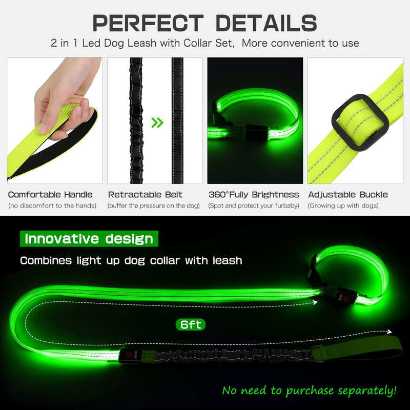 Light up Dog Collar & Lesh Set - Flashing Dog Leash Set Glow in The Dark Dog Collars for Medium Dogs with Elastic Cord 5.4-6.6FT L Vitality Green - PawsPlanet Australia