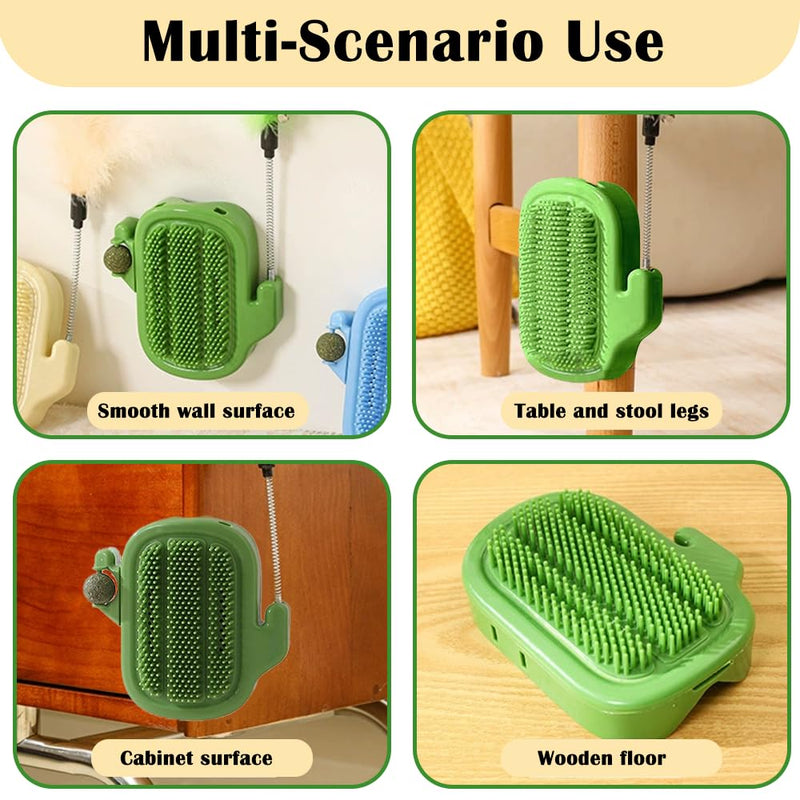 3 in 1 Cat Self Groomer Brush, Cactus Style Wall Corner Massage Comb Scratcher with Feather Toys & Catnip Ball for Indoor Cats, Pet Tickling Artifact, Cat Face Scratchers for Fur Pets