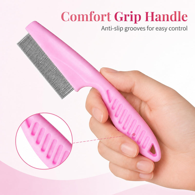 Flea Comb for Cats and Dogs, Small Pink Fine Tooth Pet Grooming Comb with Stainless Steel Teeth, Manual Pet Care Tool for Kittens, Puppies, Face, Eyes, Paws, Short Medium Coats