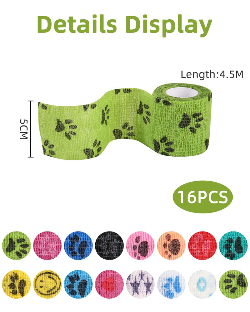 Pack of 16 Self-Adhesive Bandages for Pets, Elastic Cohesive Adhesive Bandage, Fixing Bandage, Cohesive Pet for Cat, Dog, Horse Leg Adhesive Bandage, 5 cm x 4.5 m Rolls