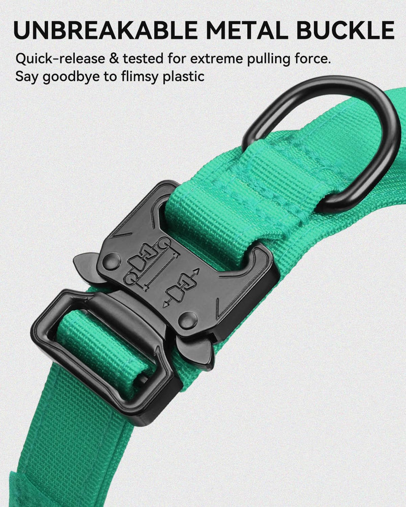 Joytale Tactical Dog Collar with Handle and Metal Buckle, Heavy Duty Padded Military Collar with 2 Patches for Training, Adjustable for XLarge Dogs, Teal, XL Turquoise