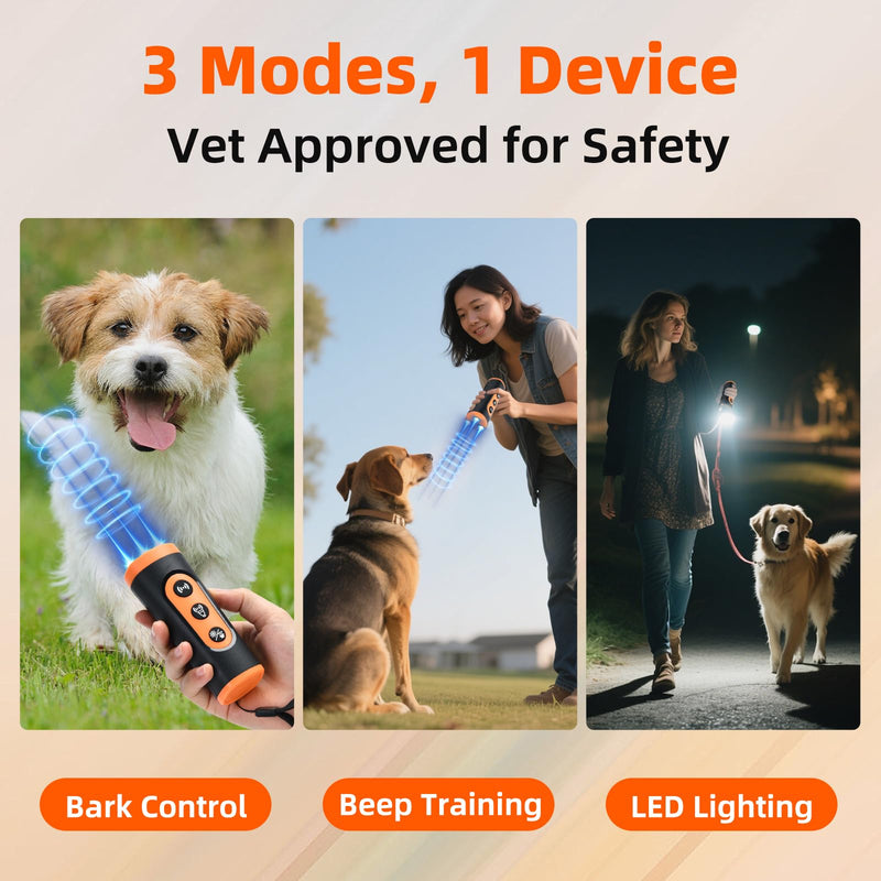 3-in-1 Ultrasonic Dog Bark Deterrent Device with Triple Emitters, 50ft Auto/Manual Bark Control, Rechargeable Battery, Strobe Light & Beep Trainer - Humane No Shock Solution for Aggressive Dogs - PawsPlanet Australia