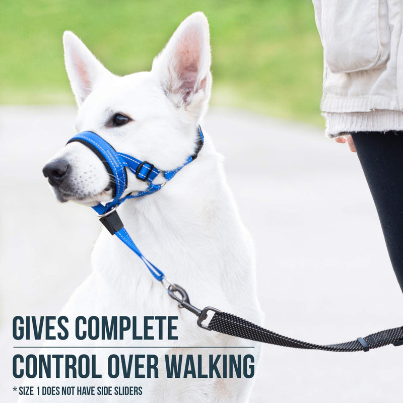 GoodBoy Dog Head Halter with Safety Strap - Stops Heavy Pulling On The Leash - Padded Headcollar for Small Medium and Large Dog Sizes - Head Collar Training Guide Included (Size 1, Blue Nylon) Size 1 (Pack of 1) Blue Nylon / Black Padding - PawsPlanet Australia