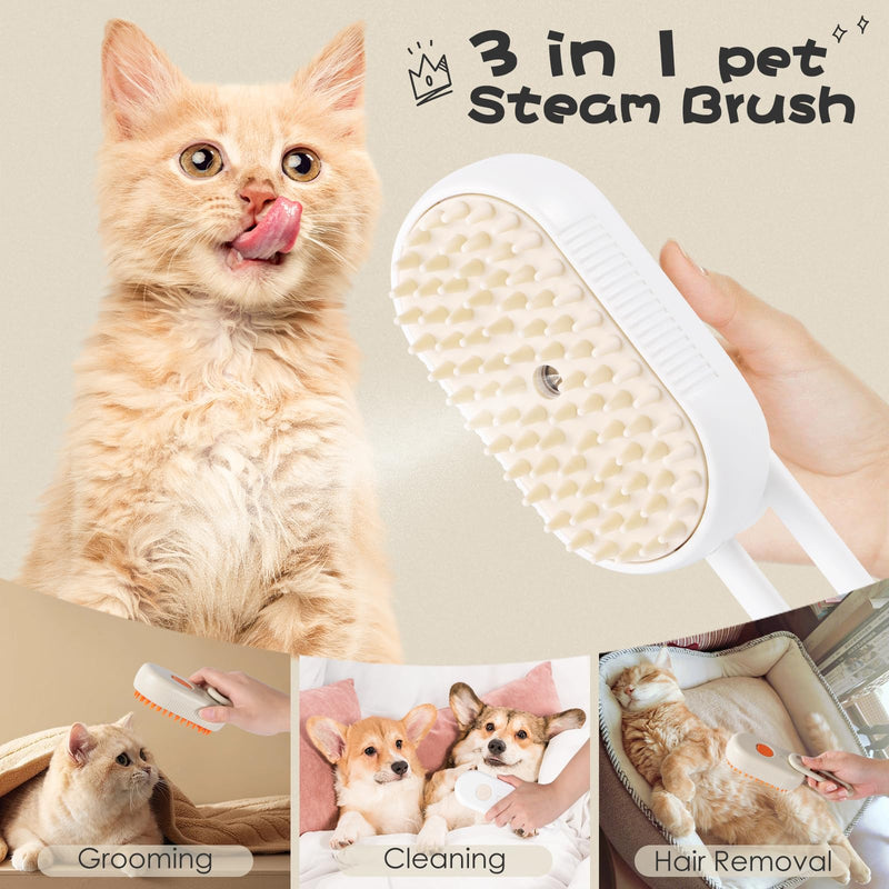 Cat Steam Brush, 3 in 1 Self Cleaning Steamy, Spray Silicone Massage Comb, Hair Removal Tool with Handle Multifunctional Grooming Brush for Dogs Orange - PawsPlanet Australia