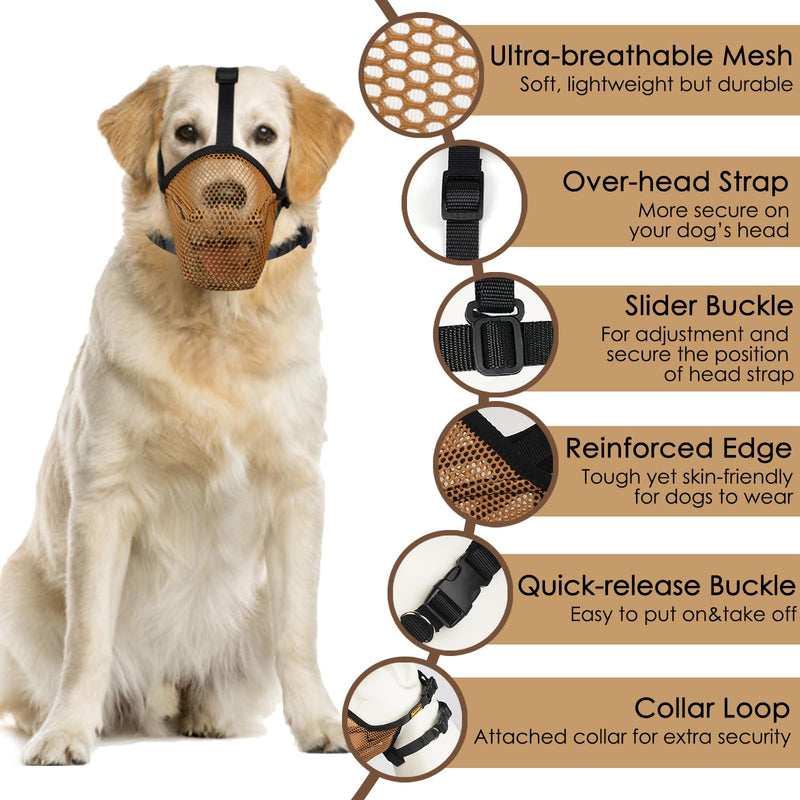 Mayerzon Dog Muzzle, Soft Mesh Muzzles for Large Medium Small Breed Labrador Retriever Husky Beagle Poodle, Adjustable Dog Mouth Guard for Scavenging Licking Grooming, with Matching Collar(XL, Brown) XL-(Snout:12½"-13¾")